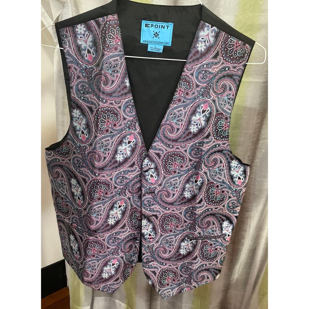 Epoint Mens Large Purple Blue Paisley Microfiber 5-Button Embroidered Suit Vest